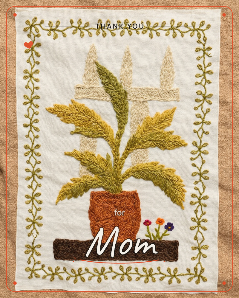 An embroidered textile card shows a leafy potted plant stitched in shades of olive and mustard thread, standing before a pale cream fence rendered in…, a thankyou e-card design