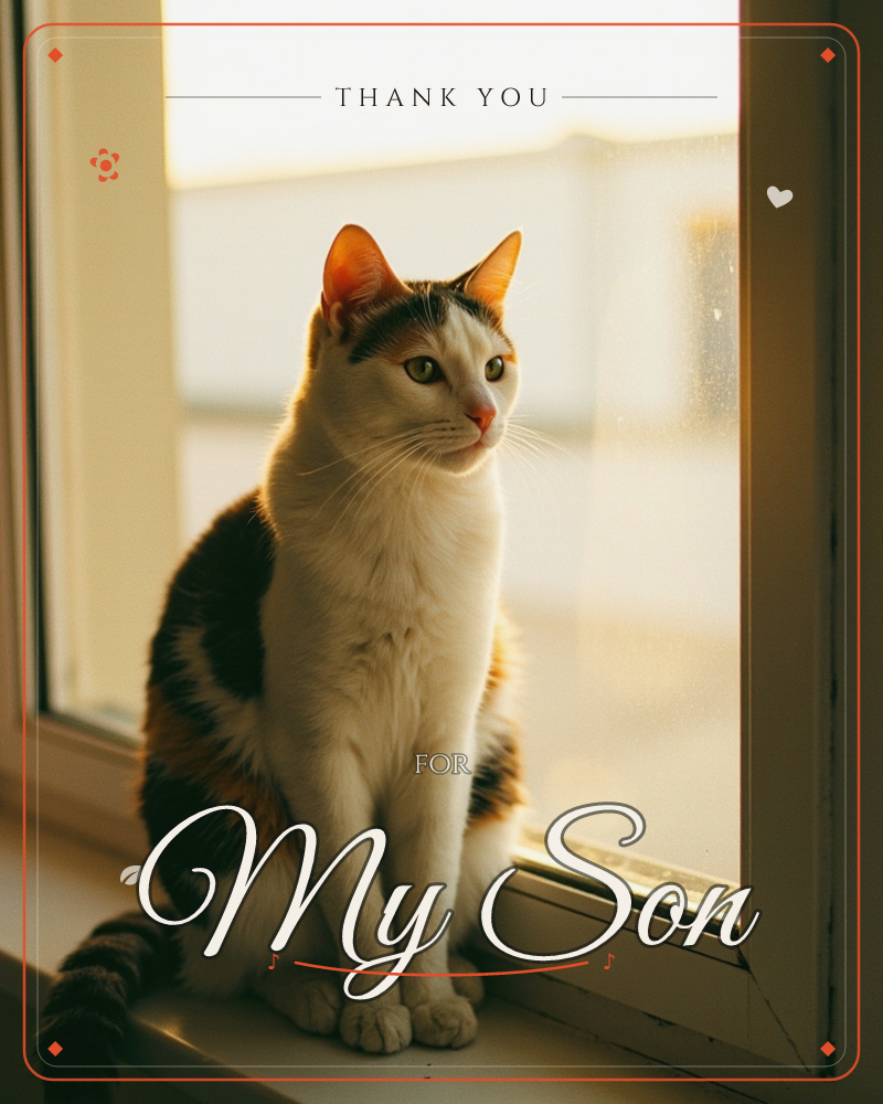 A calico cat sits upright on a windowsill, backlit by warm golden light streaming through a frosted glass pane, a thankyou e-card design