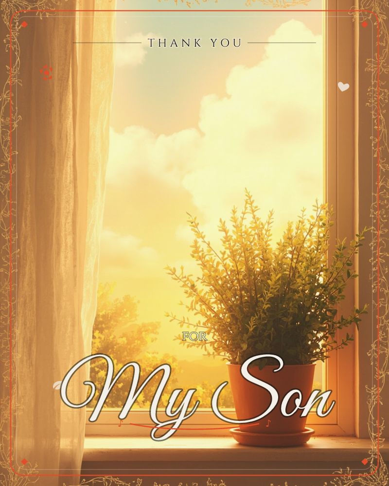 A sunlit windowsill holds a leafy plant in a terracotta pot, sheer curtains drifting beside it as golden light pours through billowing clouds outside, a thankyou e-card design