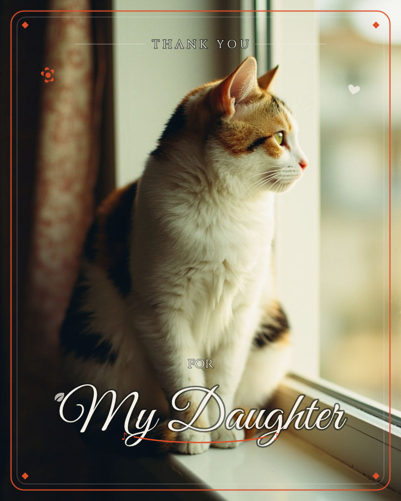A calico cat sits upright on a white windowsill, gazing out through the glass at a soft, blurred view beyond, a thankyou e-card design