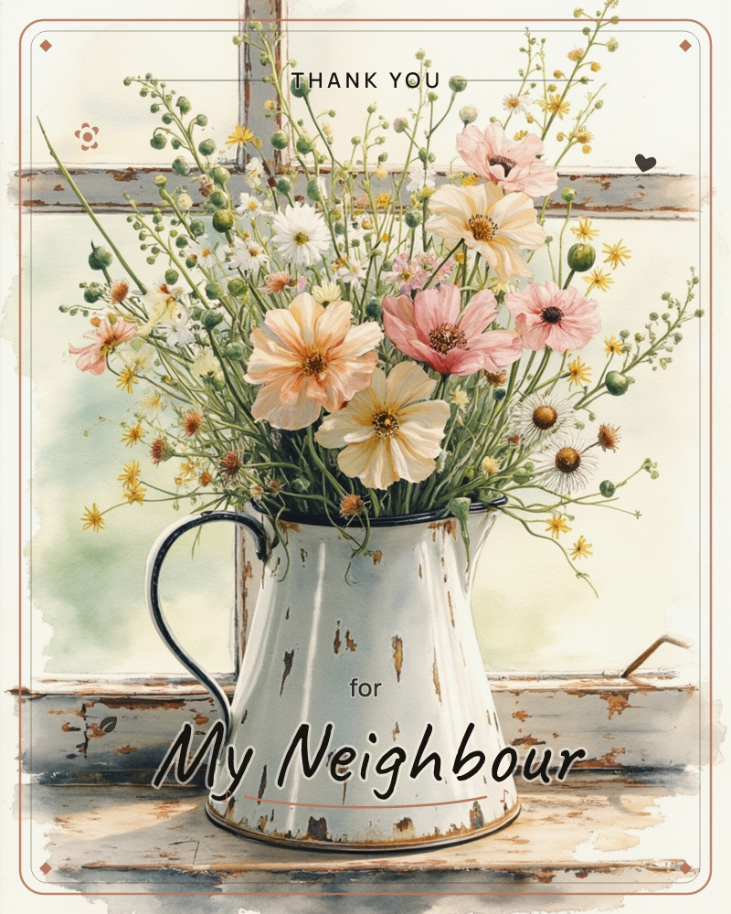 A watercolour painting of a chipped white enamel pitcher, its blue-rimmed edge worn to bare metal in patches, sitting on a weathered wooden windowsill, a thankyou e-card design