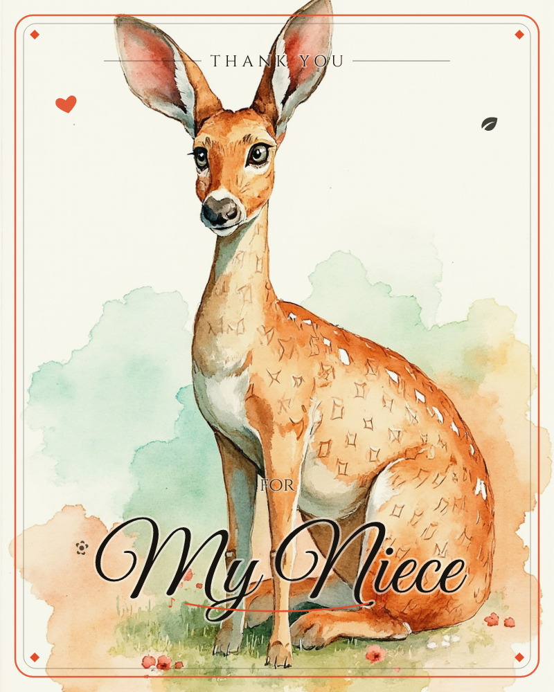 A young spotted fawn sits alert in soft grass, large ears raised and dark eyes fixed forward, its tawny coat dappled with pale flecks, a thankyou e-card design