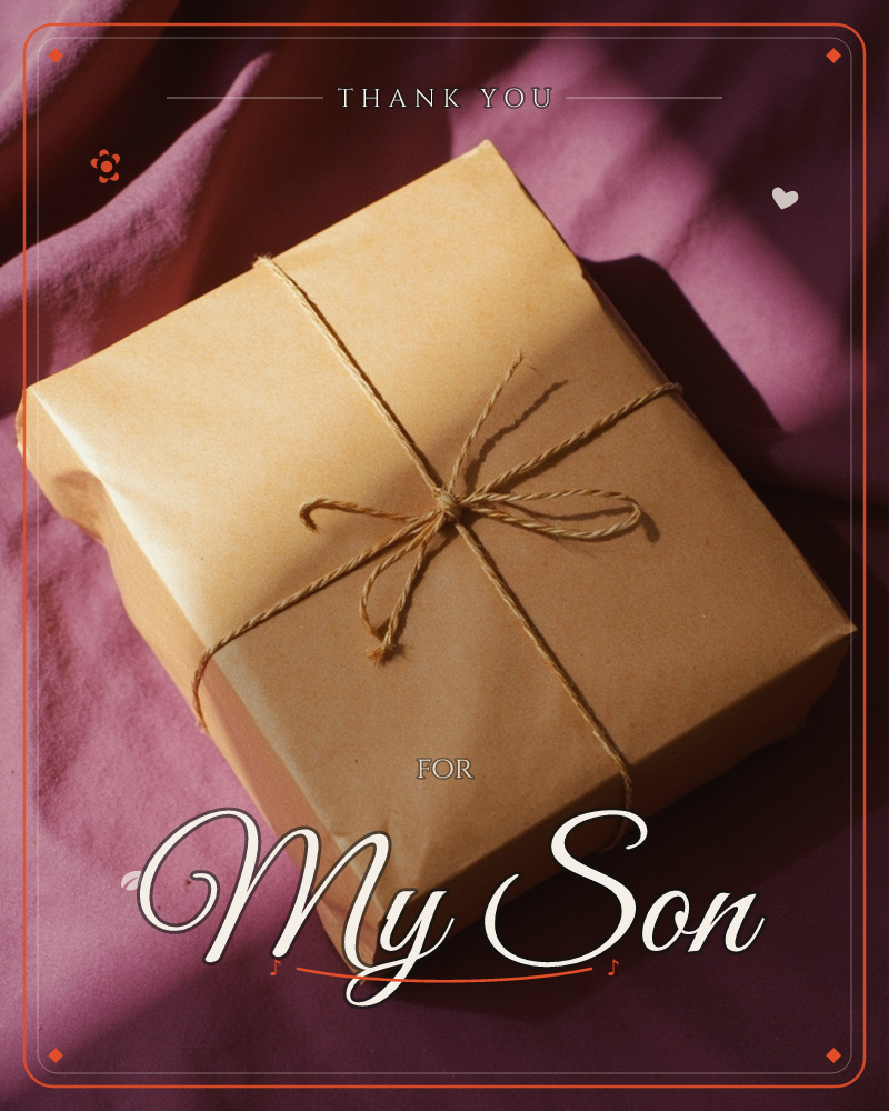 A parcel wrapped in kraft paper sits on rumpled dusty-pink fabric, tied with a neat twine bow at its centre, a thankyou e-card design
