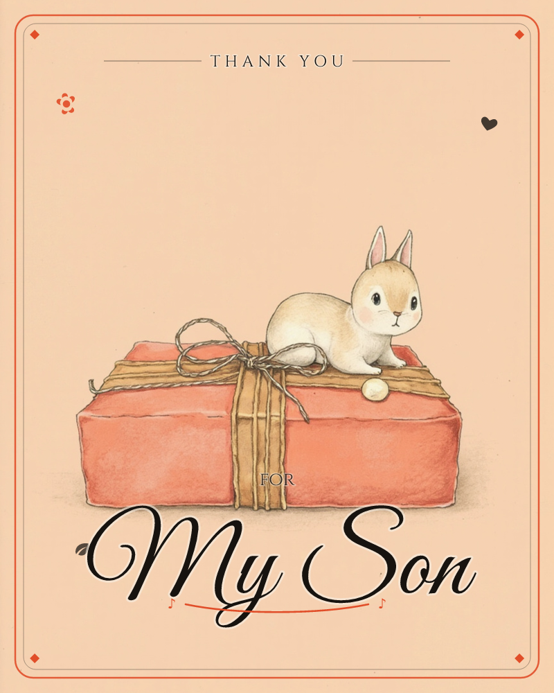 A small round-eared bunny perches on top of a coral pink gift box wrapped in twine and tied with a loose bow, its cottontail matching the box's tucked…, a thankyou e-card design