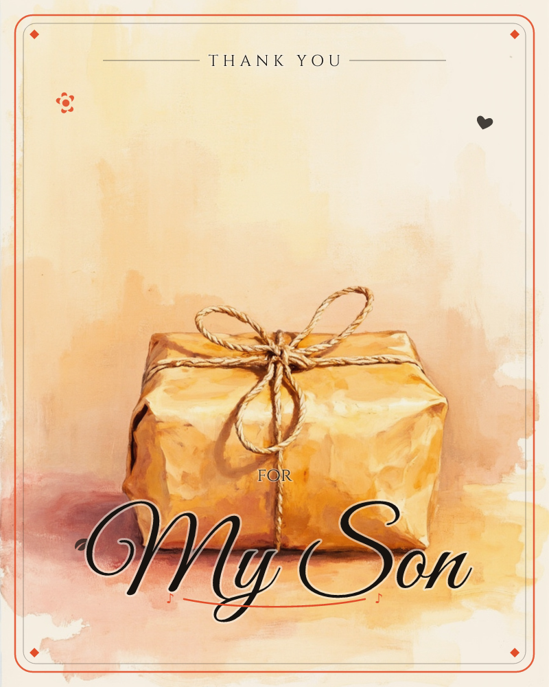 A single gift box wrapped in golden-brown paper sits on a warm, softly blurred background, tied with a rustic twine bow at its center, a thankyou e-card design