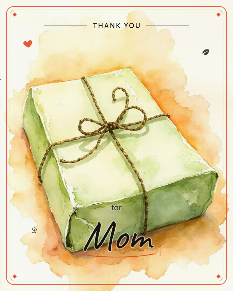 A single gift box wrapped in soft green paper sits at a slight angle, tied with a rustic twine bow, a thankyou e-card design