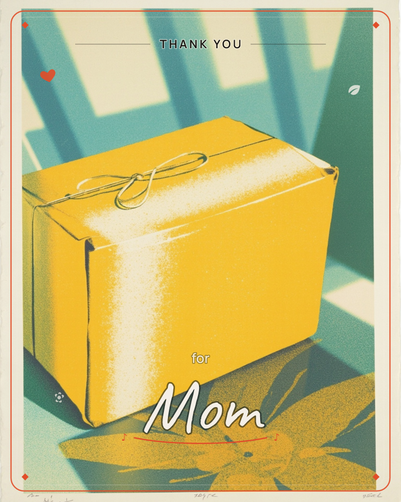 A bright yellow cardboard box tied with a simple string bow sits on a teal-tiled surface, sunlight falling in bold striped shadows from a chair behind it, a thankyou e-card design