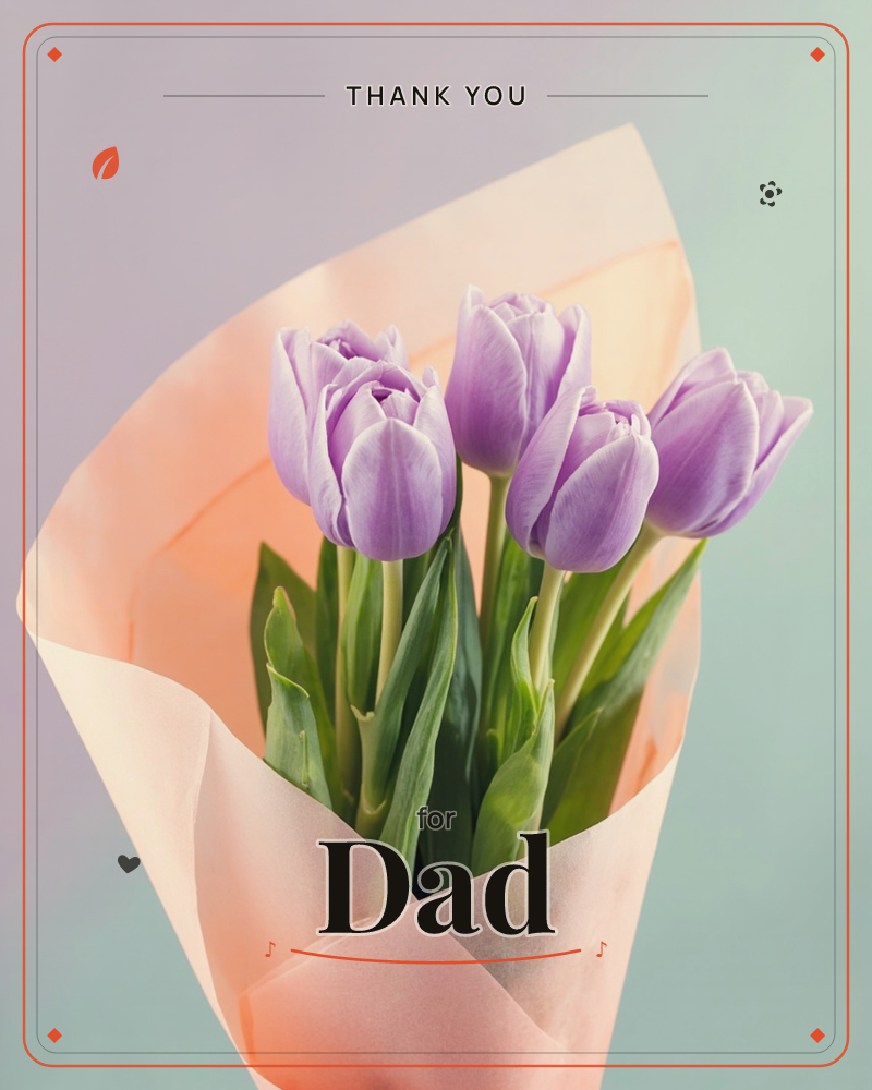 A bouquet of purple tulips stands wrapped in soft peach tissue paper, their green stems and leaves visible above the fold, a thankyou e-card design