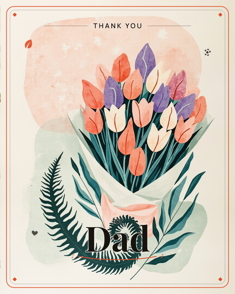 A wrapped bouquet of tulips in coral, cream, and lavender stands upright against a soft pink cloud shape, its stems tucked into pale paper, a thankyou e-card design