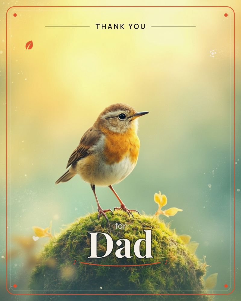 A small robin with a warm orange breast stands on a rounded mossy stone, its head turned in profile against a soft, glowing haze of gold and pale teal, a thankyou e-card design