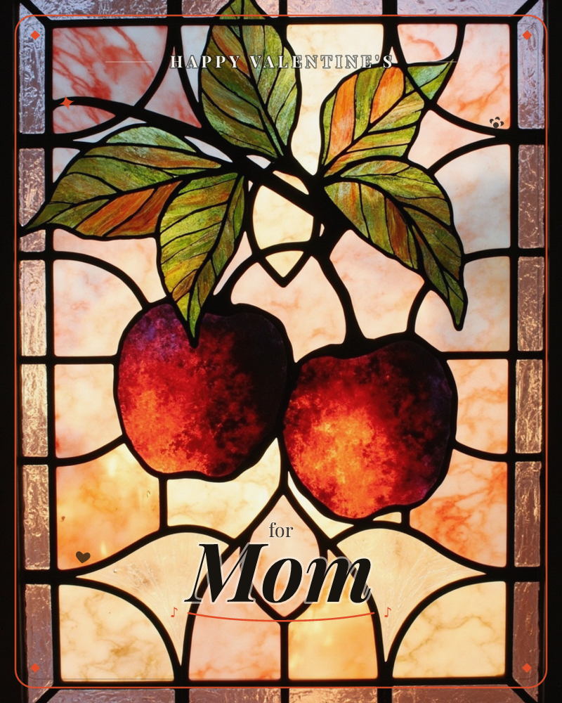 A stained-glass window panel glows with two ripe red apples hanging from a leafy branch, framed by geometric leaded borders in soft amber and lavender…, a valentine e-card design