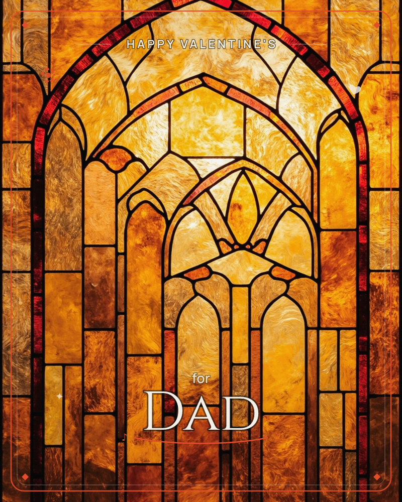 A stained-glass window rendered entirely in shades of amber and gold shows a Gothic archway receding into further pointed arches, like looking down a…, a valentine e-card design