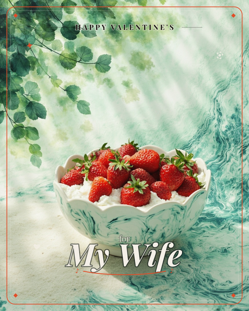 A scalloped ceramic bowl swirled in green and white holds fresh strawberries piled over whipped cream, sitting on a marbled stone surface, a valentine e-card design