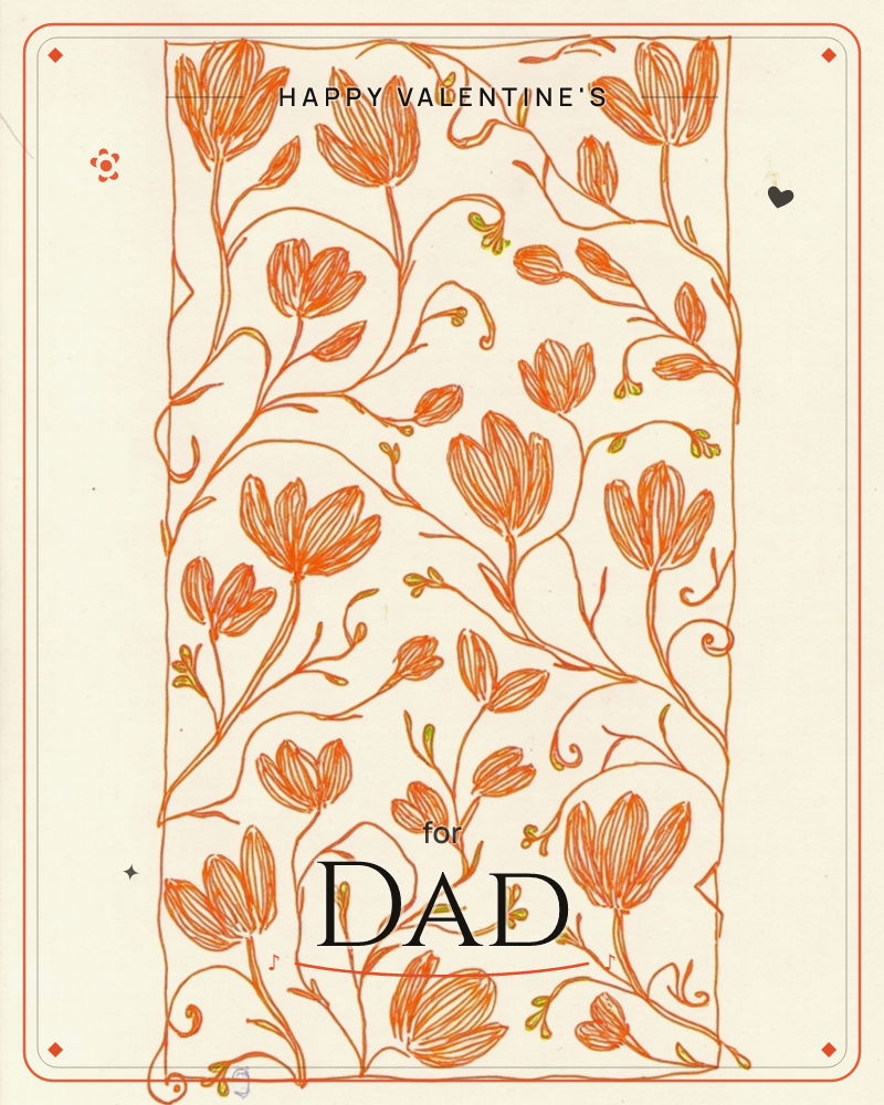 A cream card is filled edge to edge with a hand-drawn tangle of orange tulip-like blooms on winding stems, each petal built from fine linework, a valentine e-card design