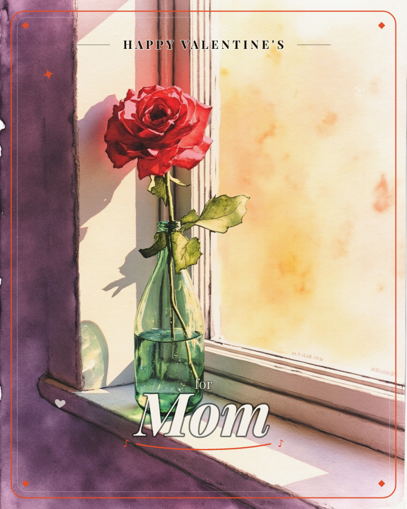 A single red rose stands in a small green glass bottle on a sunlit windowsill, its shadow stretching across a plum-colored wall, a valentine e-card design