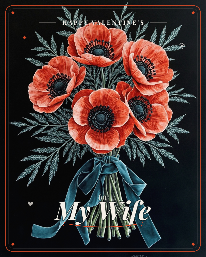 A bouquet of five red poppies with dark centers sits against a solid black background, their feathery silver-green leaves fanning out behind them, a valentine e-card design