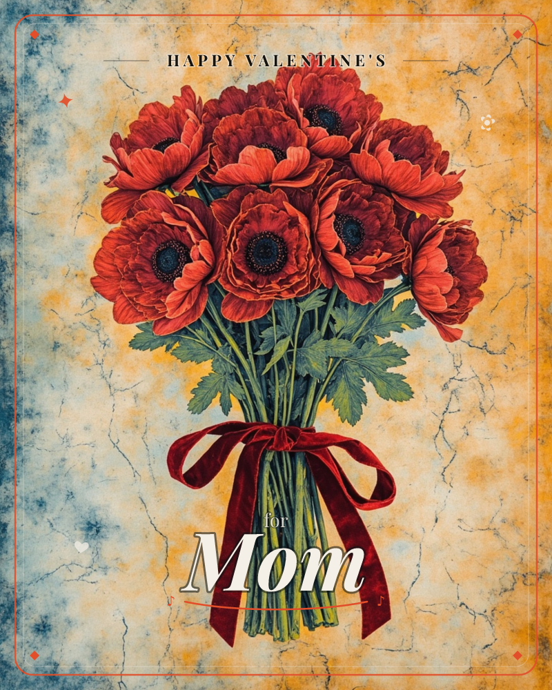 A bouquet of deep red poppies with dark velvety centres is bundled together and tied with a wine-red ribbon bow, a valentine e-card design
