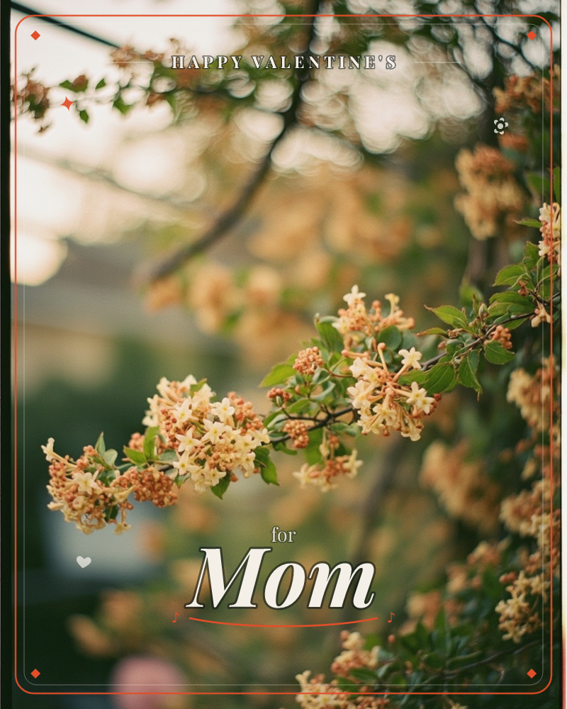A close-up photograph of a flowering shrub, its clusters of pale cream and apricot blossoms catching soft evening light against a deeply blurred garden…, a valentine e-card design