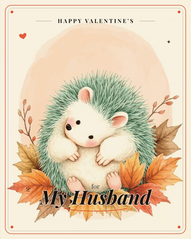 A round-cheeked hedgehog with soft teal-green spines sits nestled in a bed of autumn maple leaves, paws folded over its cream belly, a valentine e-card design