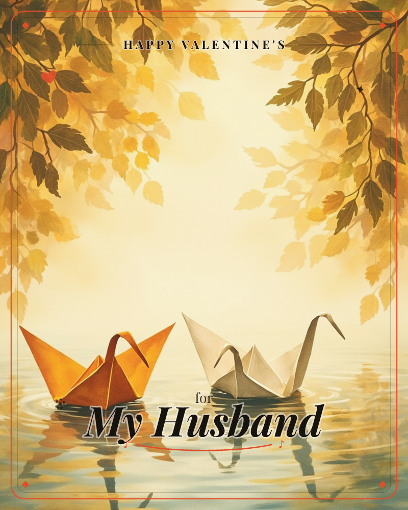 Two paper origami cranes, one burnt orange and one pale cream, float side by side on a still, dark pond beneath overhanging branches of golden autumn…, a valentine e-card design