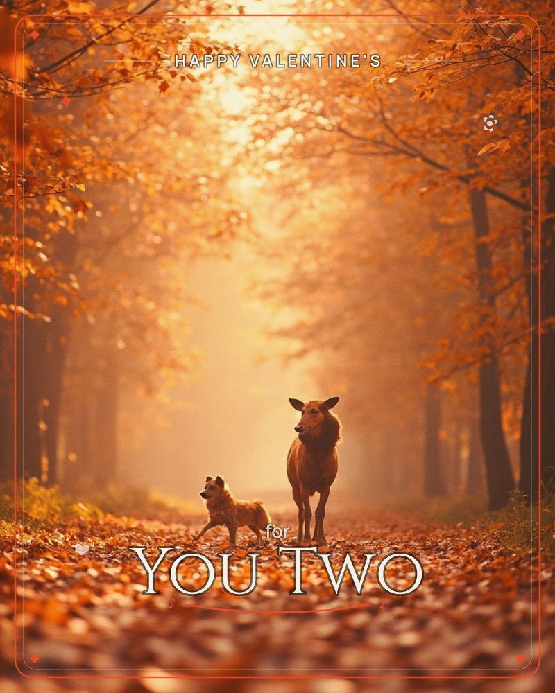 A deer and a small dog stand together on a leaf-strewn woodland path, glowing amber light filtering through a canopy of autumn trees, a valentine e-card design