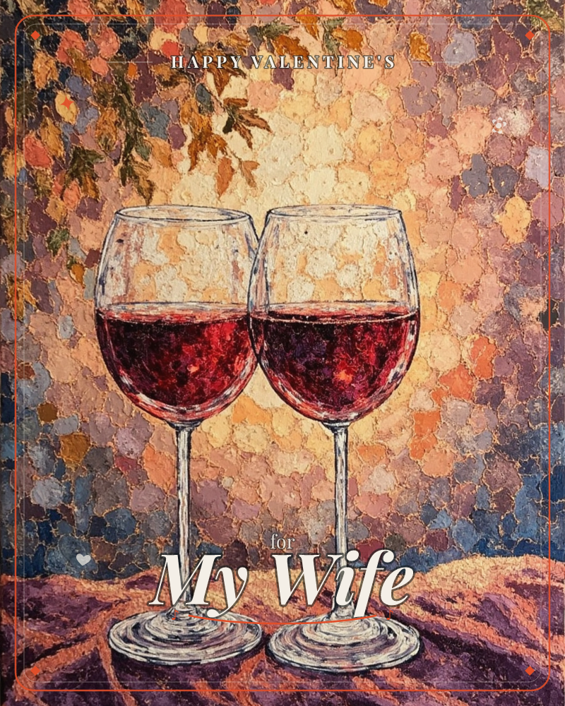 Two wine glasses lean together, their rims touching, filled with deep red wine that glows against a mosaic-textured background of warm ochre, rust and…, a valentine e-card design