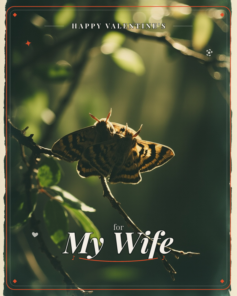 A striped moth rests on a slender branch, its wings backlit so the tawny bands glow like stained glass against a deep green forest blur, a valentine e-card design