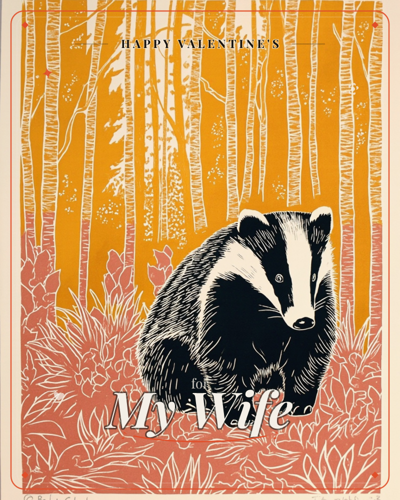 A bold linocut print shows a badger standing low among dusty pink undergrowth, its black and white striped face turned toward the viewer, a valentine e-card design