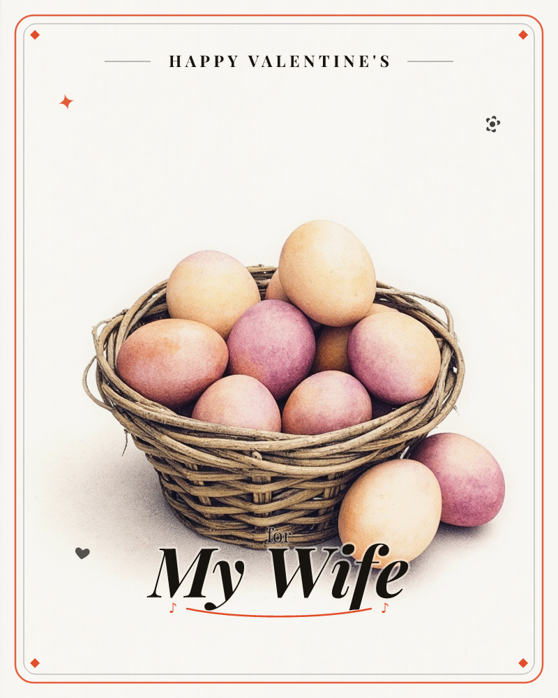 A woven wicker basket sits piled high with softly tinted eggs in muted mauve and warm cream tones, two more resting on the ground beside it, a valentine e-card design