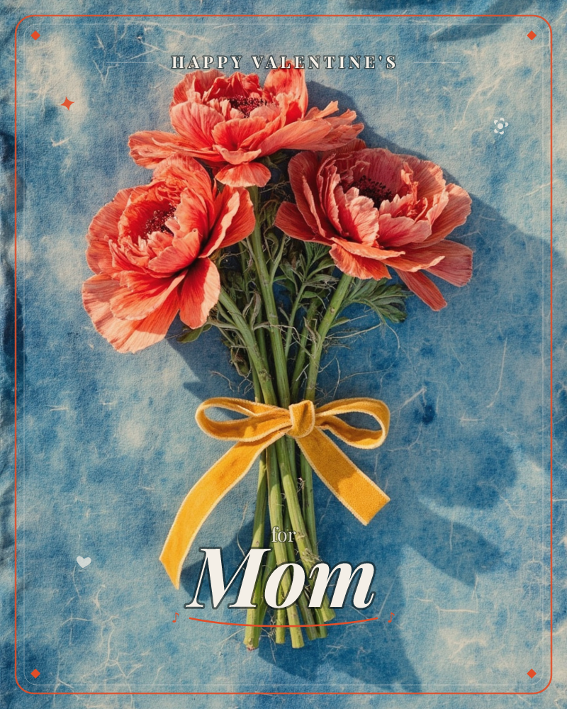 A small bundle of coral-red peonies lies flat against a mottled indigo, tie-dyed fabric, their stems gathered and tied with a mustard-yellow velvet…, a valentine e-card design