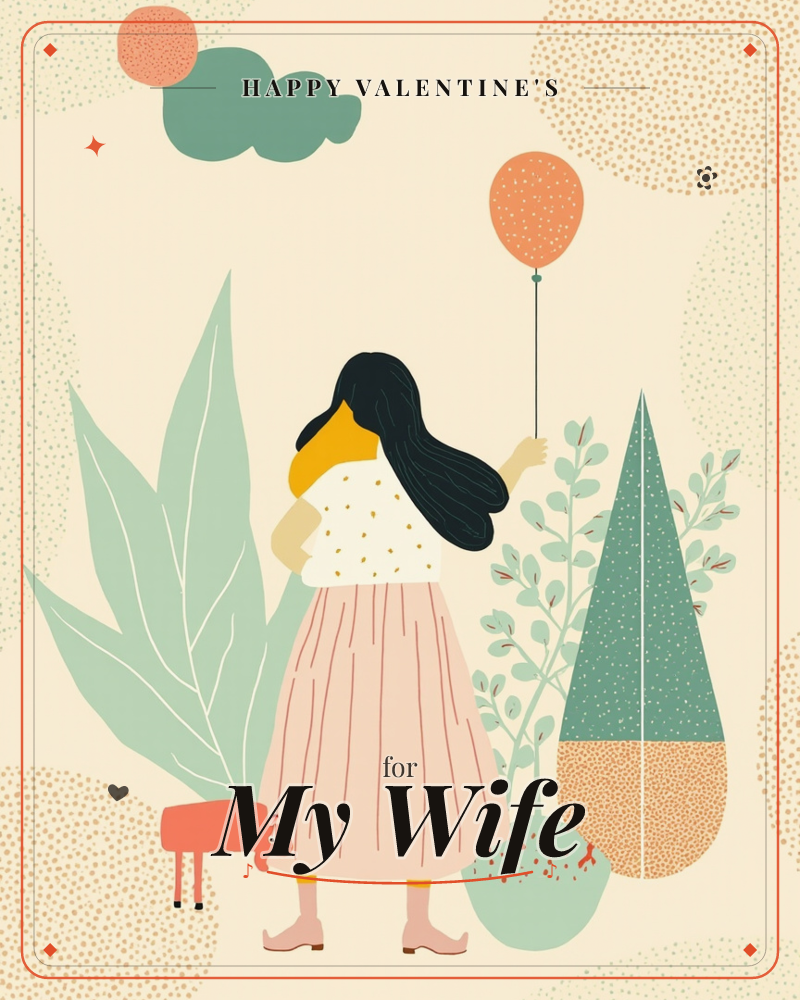 A woman with long dark hair stands amid oversized stylised plants, holding the string of a speckled orange balloon as a small pink dog waits by her feet, a valentine e-card design
