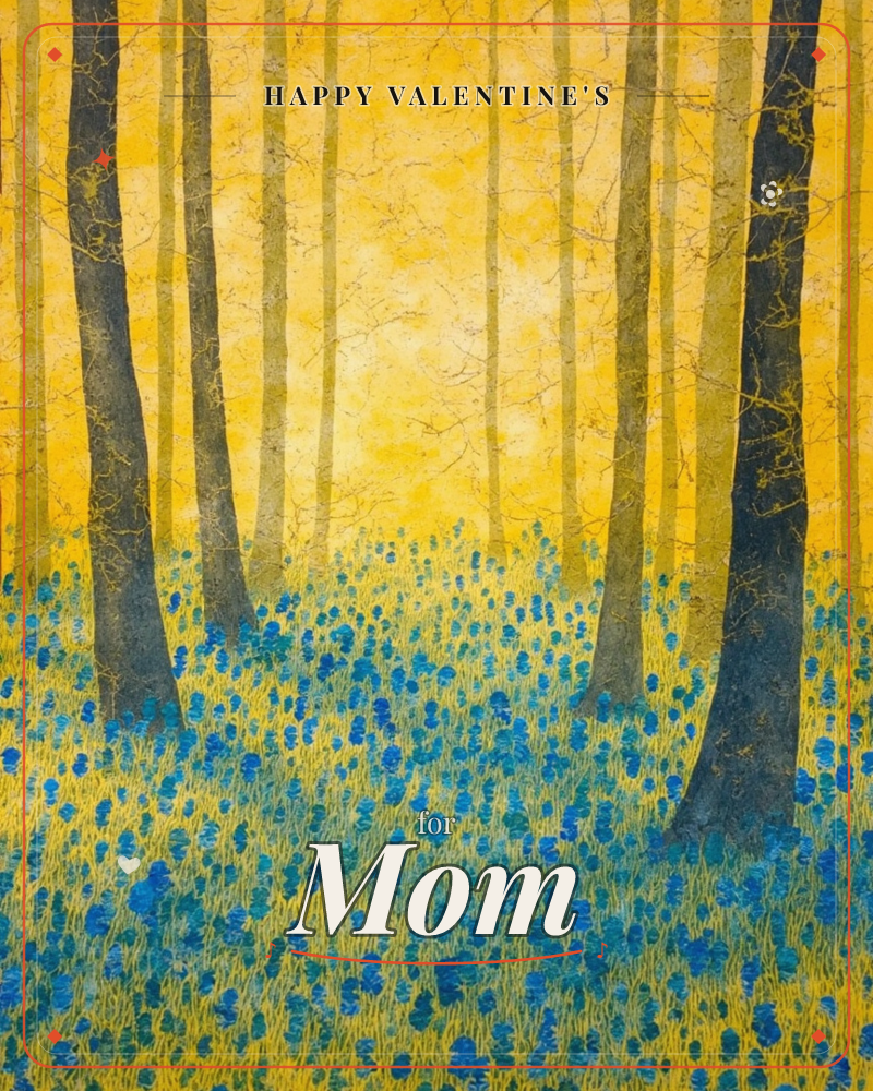 A dense stand of slender tree trunks rises against a glowing golden-yellow woodland light, their dark silhouettes striped down the page, a valentine e-card design