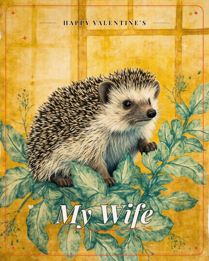 A hedgehog sits nestled among sage-green painted leaves, its black eyes and pale muzzle turned toward the viewer, a valentine e-card design