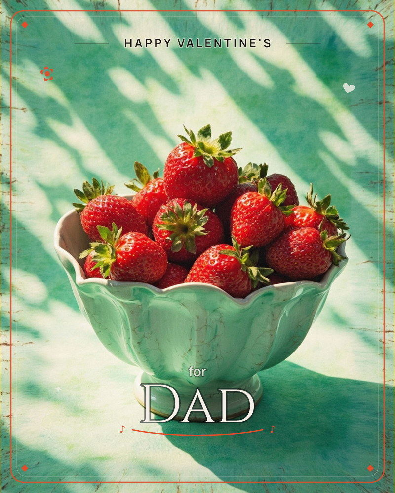A scalloped mint-green ceramic bowl overflows with plump, ripe strawberries, their leafy green caps still attached, a valentine e-card design