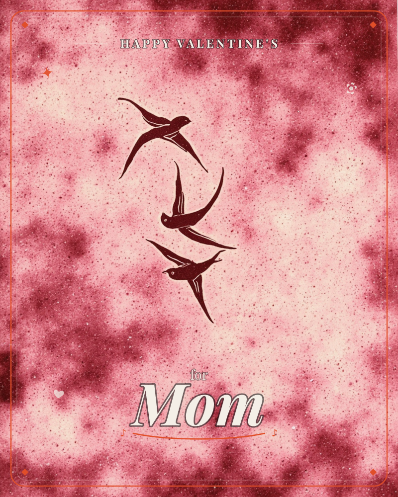 Three swallows swoop in a loose spiral across a mottled crimson and pink sky, their silhouettes cut in deep maroon against a cloudy, speckled wash, a valentine e-card design