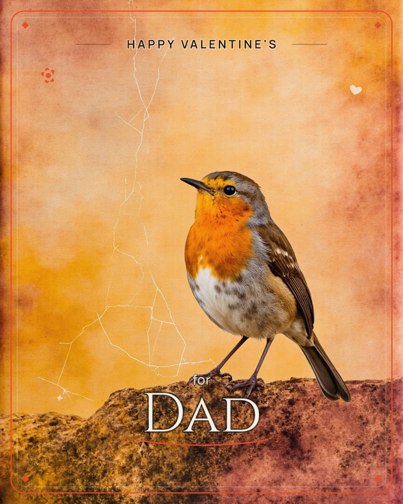 A robin with a bright orange breast perches on a rough stone ledge, set against a mottled amber and rust textured backdrop with a faint pale crack…, a valentine e-card design