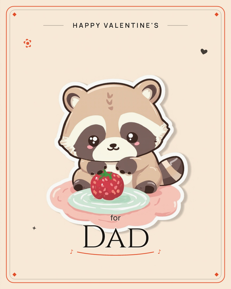A round-eyed baby raccoon sits with a strawberry cupped in its paws, perched on a pale mint puddle atop a soft pink cloud shape, a valentine e-card design