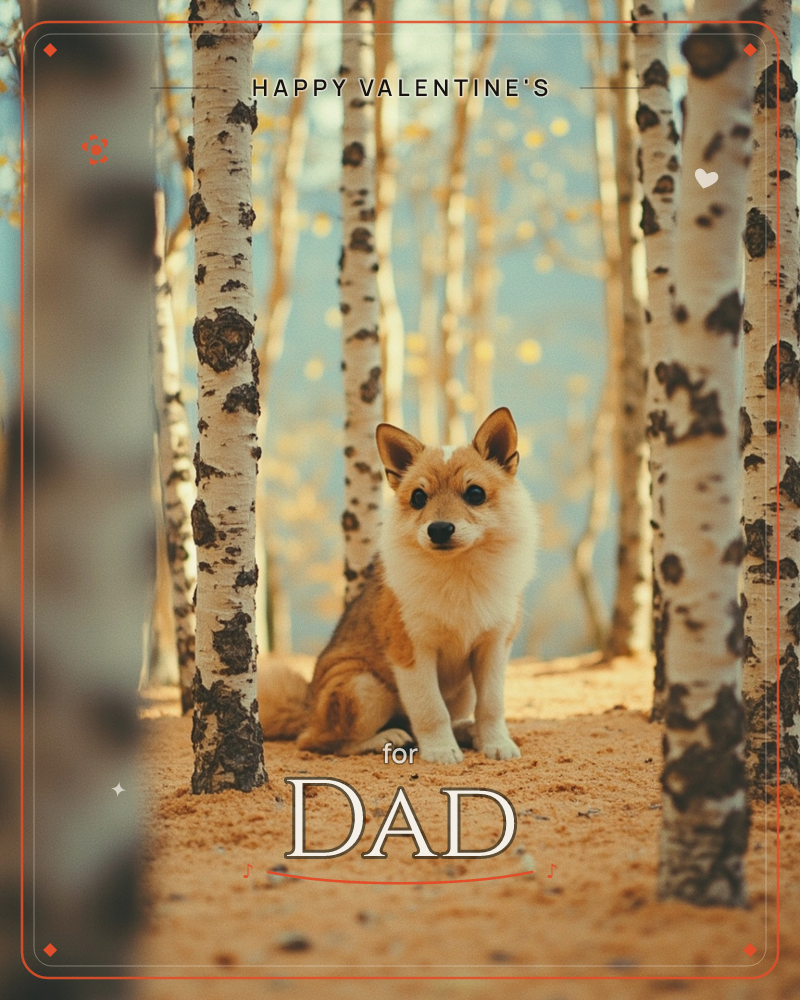 A fluffy fox-like puppy sits alert among slender silver birch trunks, its tan and cream coat glowing in warm sunlight filtering through the grove, a valentine e-card design