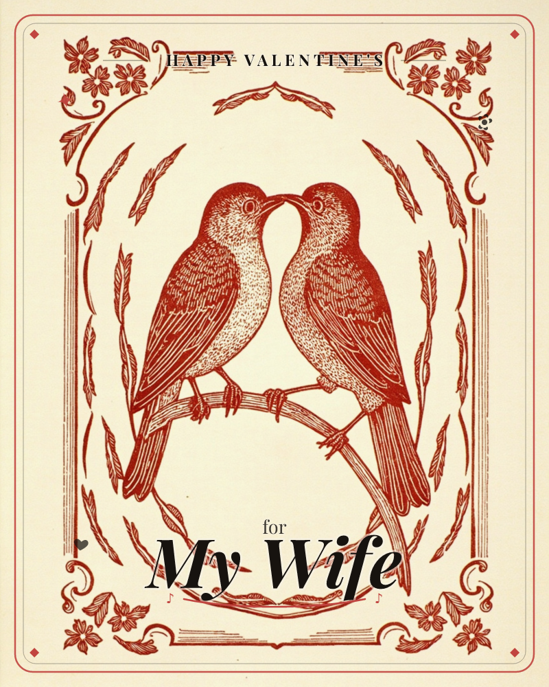 Two birds perch beak to beak on a curved branch, drawn in fine red line-work against a warm cream background, framed by an ornate border of leaves…, a valentine e-card design