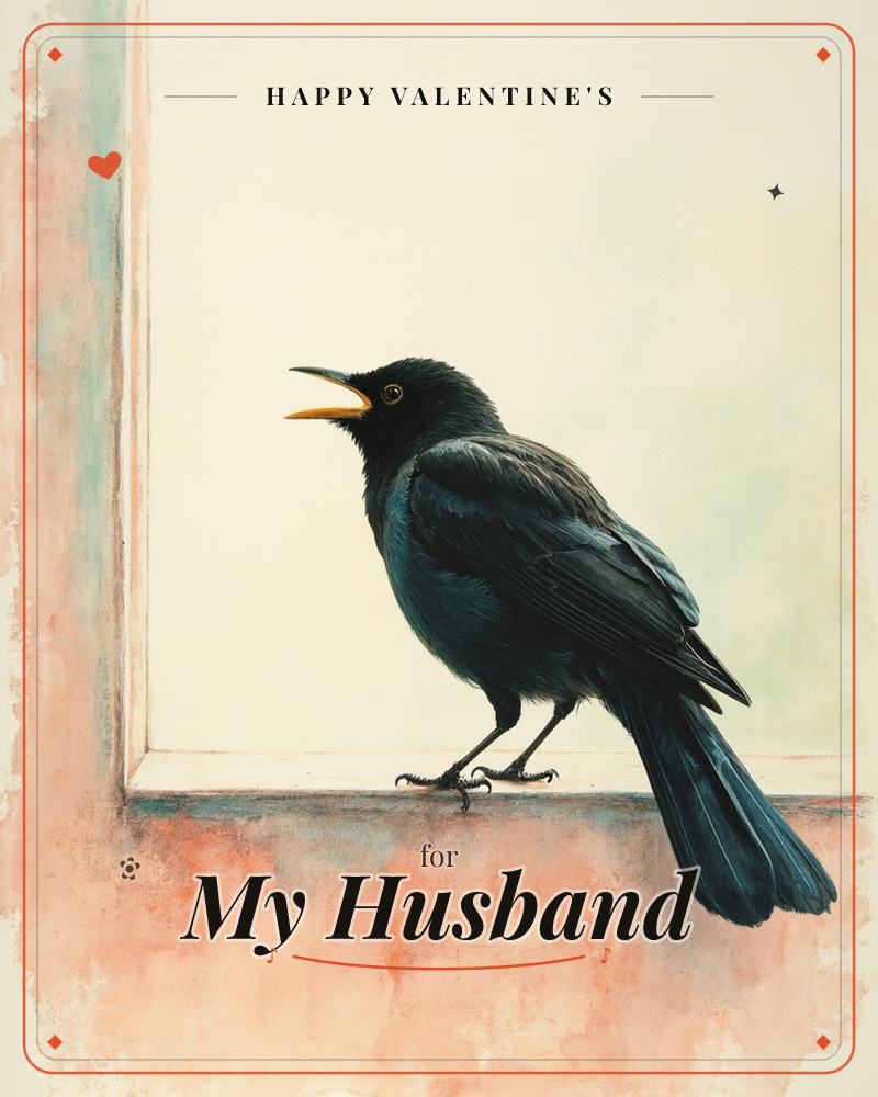 A glossy black bird perches on a weathered windowsill, beak open mid-call against a soft cream sky, a valentine e-card design