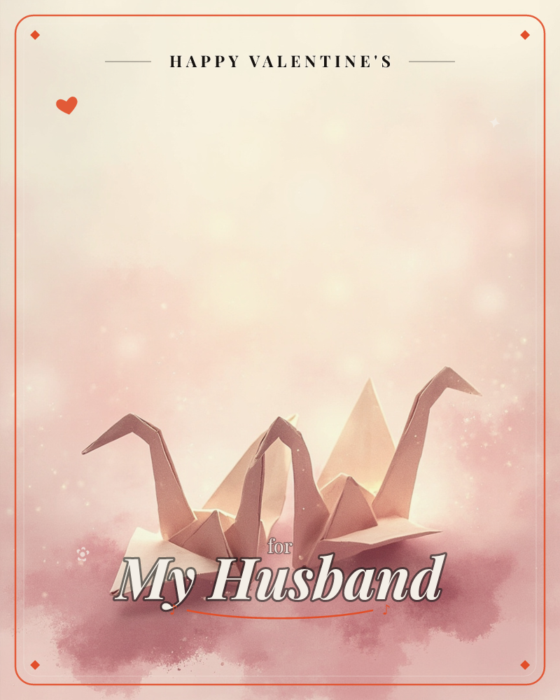 Two folded paper cranes sit close together, necks tilted toward one another, against a soft blush haze speckled with tiny points of light, a valentine e-card design
