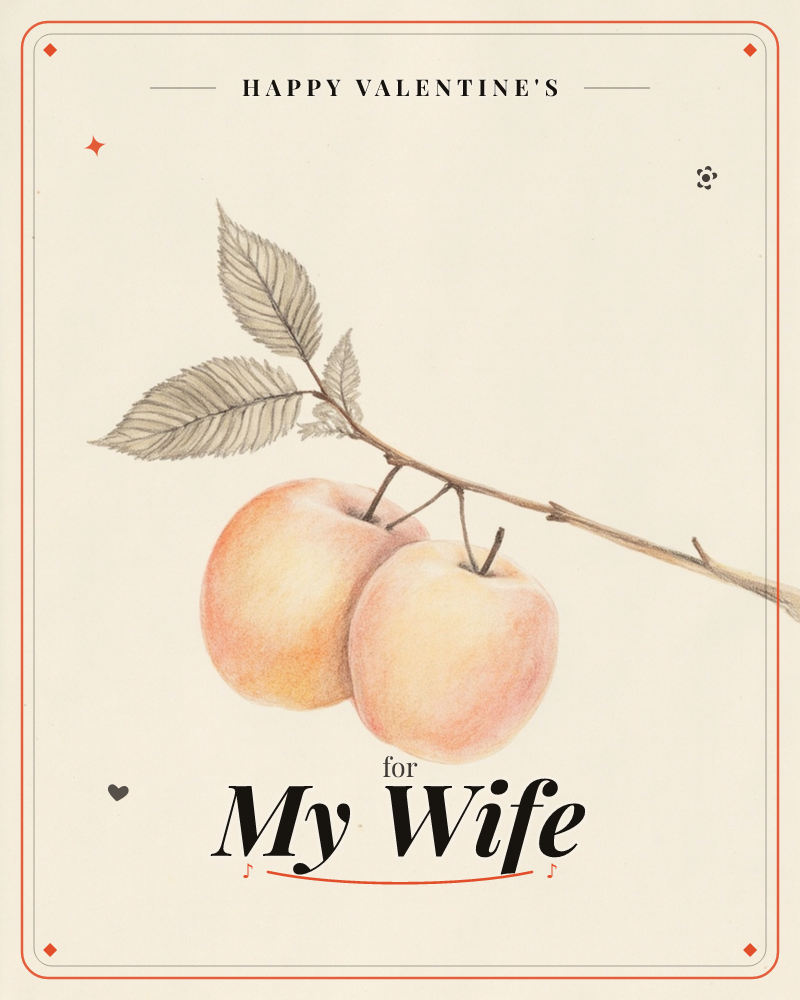 A botanical study of two apples hanging together from a slender branch, their skins blushed with soft peach and rose tones, a valentine e-card design