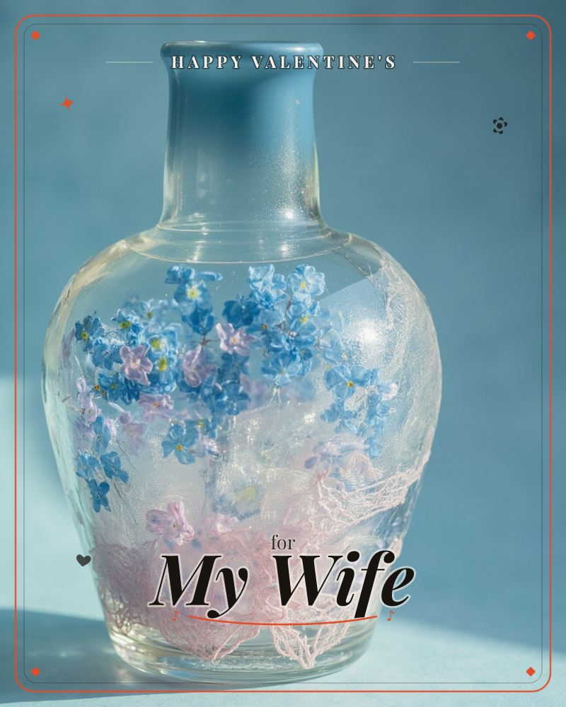 A clear glass bottle-shaped vase sits against a softly blurred blue background, its round belly filled with tiny sprays of blue and pale pink…, a valentine e-card design