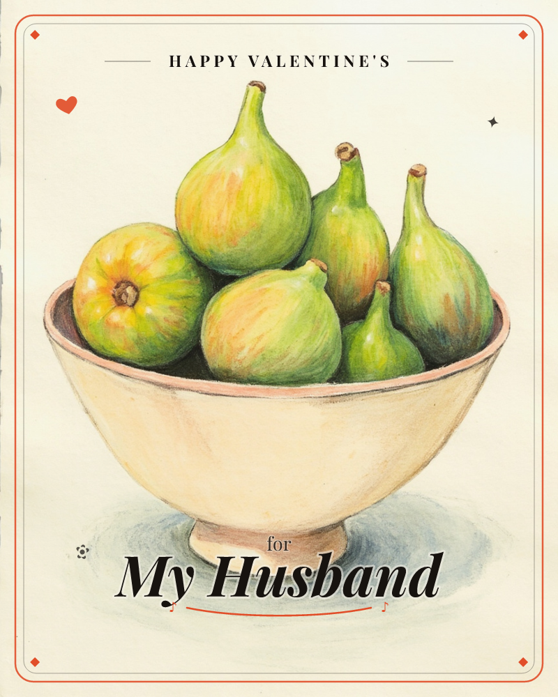 A pale cream bowl on a slender pedestal holds a heap of green figs blushed with orange and rust along their curves, a valentine e-card design