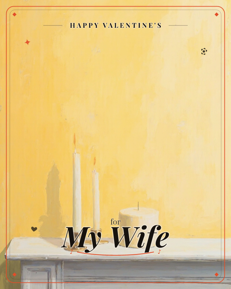 Two slim white taper candles stand in small brass holders beside a stout unlit pillar candle, all resting on a dark mantel against a wall washed in…, a valentine e-card design