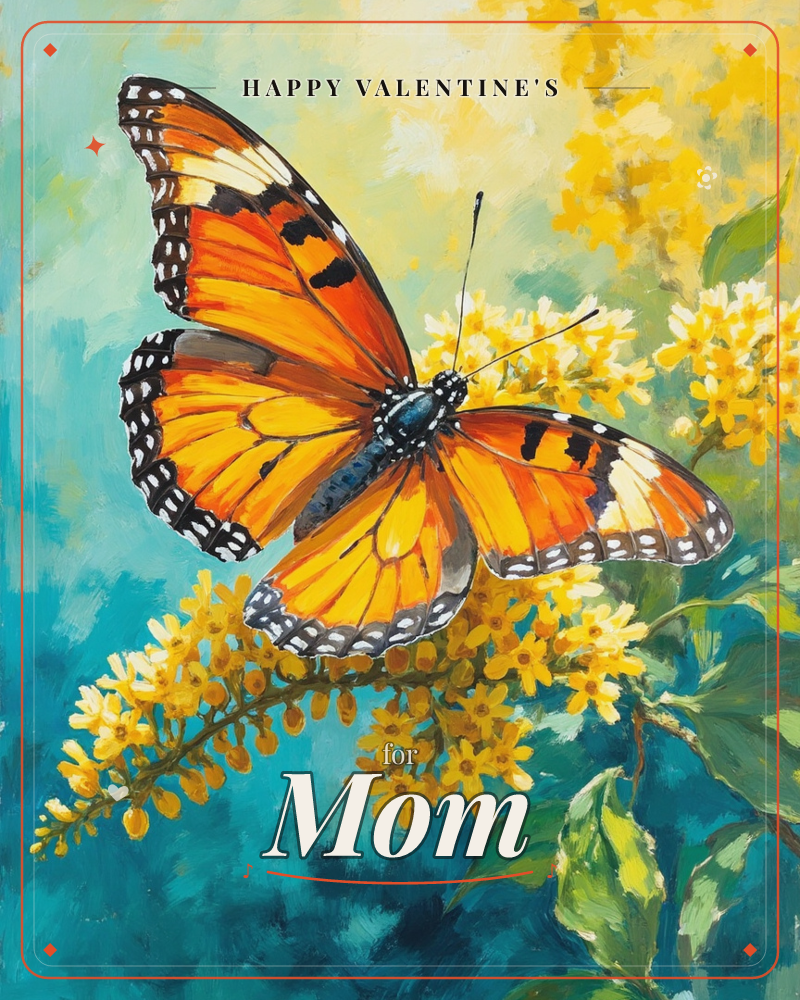 A monarch-orange butterfly rests with wings fully spread on a spray of tiny yellow blossoms, painted in loose, textured brushstrokes against a teal and…, a valentine e-card design