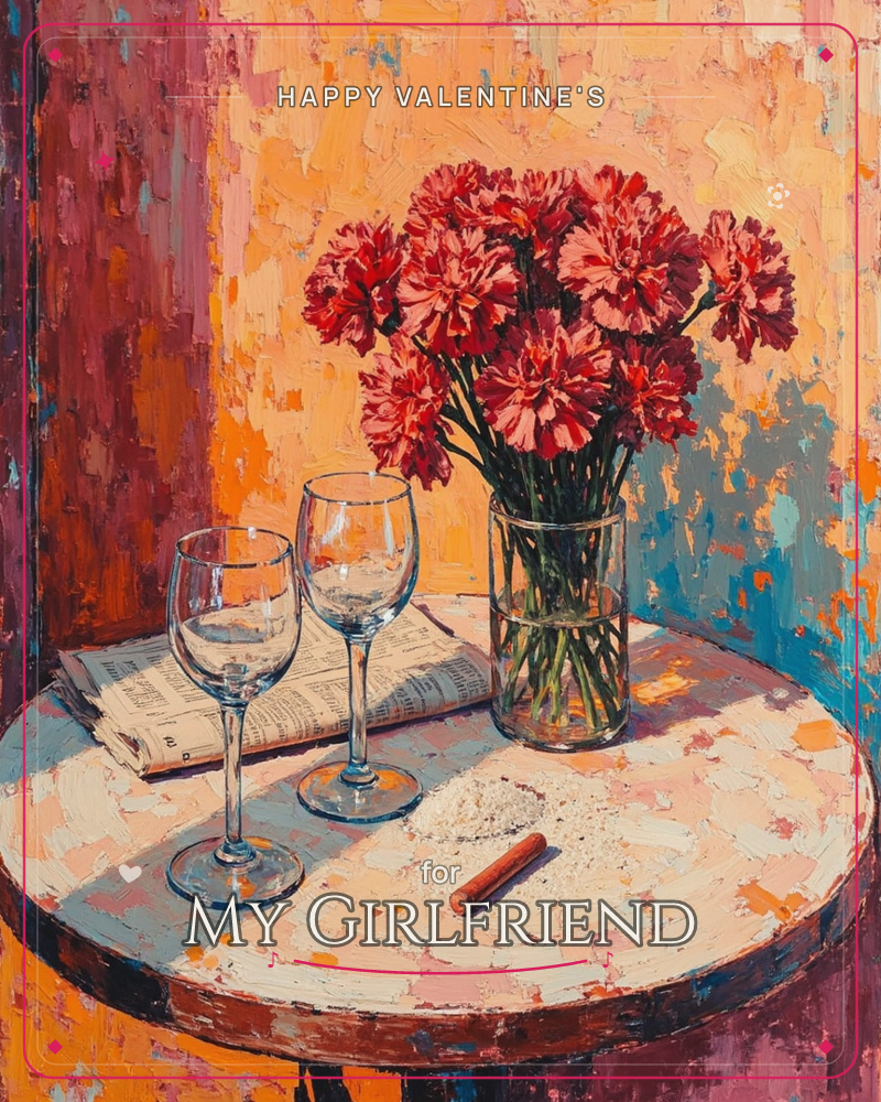 A thick-textured oil painting of a round café table by a wall, a valentine e-card design