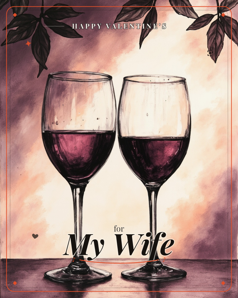 Two wine glasses stand side by side, half-filled with deep red wine, glowing against a smoky backdrop of plum and warm cream light, a valentine e-card design