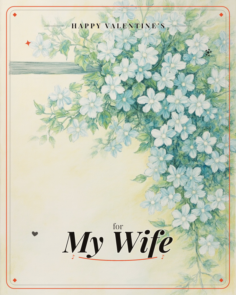 A cascade of small white and pale blue five-petalled flowers spills down the right side of the card, trailing along slender green stems and leaves…, a valentine e-card design