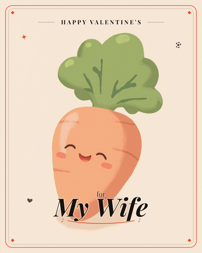 A single plump carrot with a bushy green leaf top sits centred on a soft peach background, its rounded body giving it a happy, blushing face, a valentine e-card design